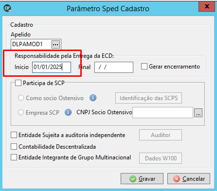 Janela "Parâmetro Sped Cadastro" exibindo o campo de data de início da responsabilidade pela entrega da ECD preenchido como 01/01/2025.
