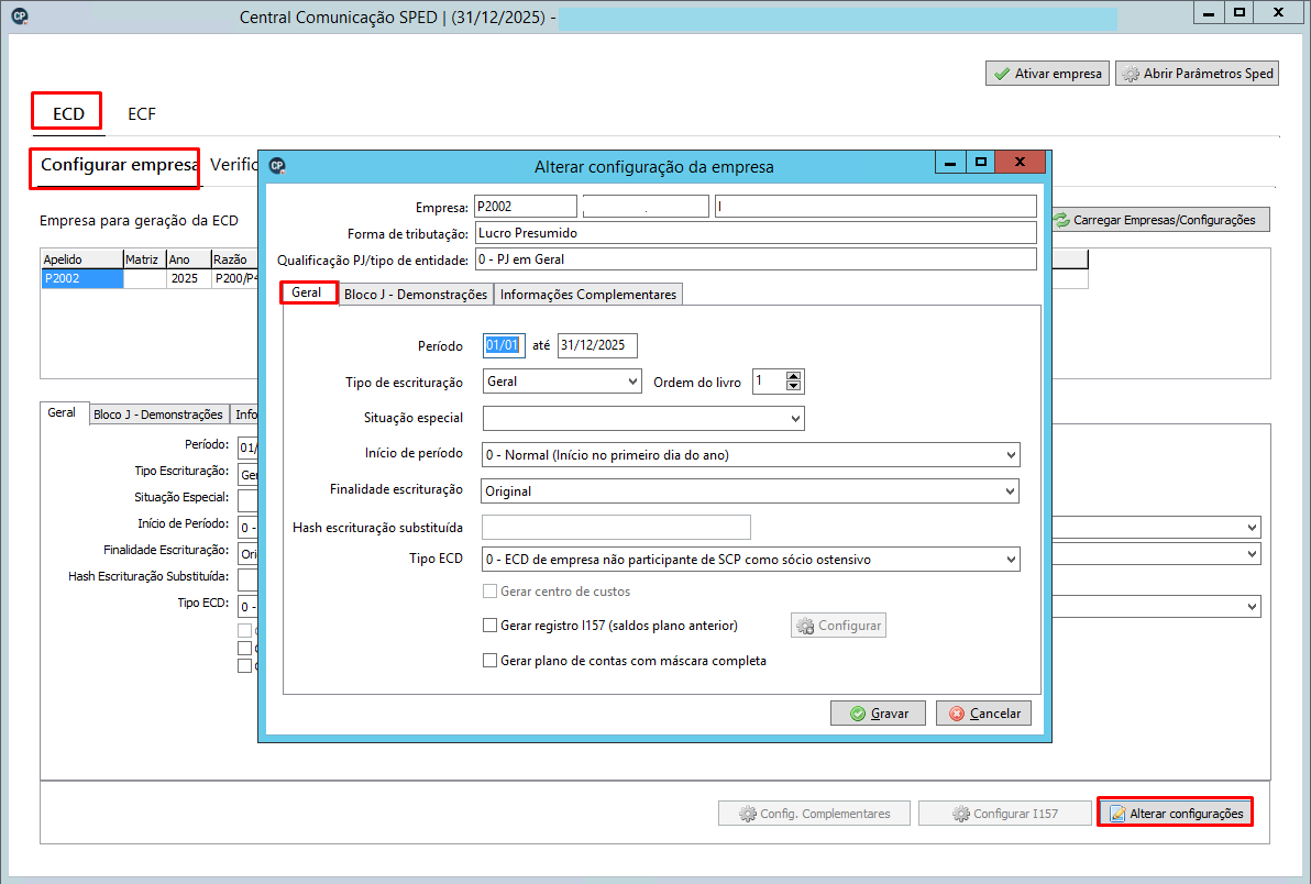 Captura da tela de Alterar configuração da empresa, com a aba 'Geral' selecionada e destacando a opção 'Alterar' no menu lateral esquerdo.