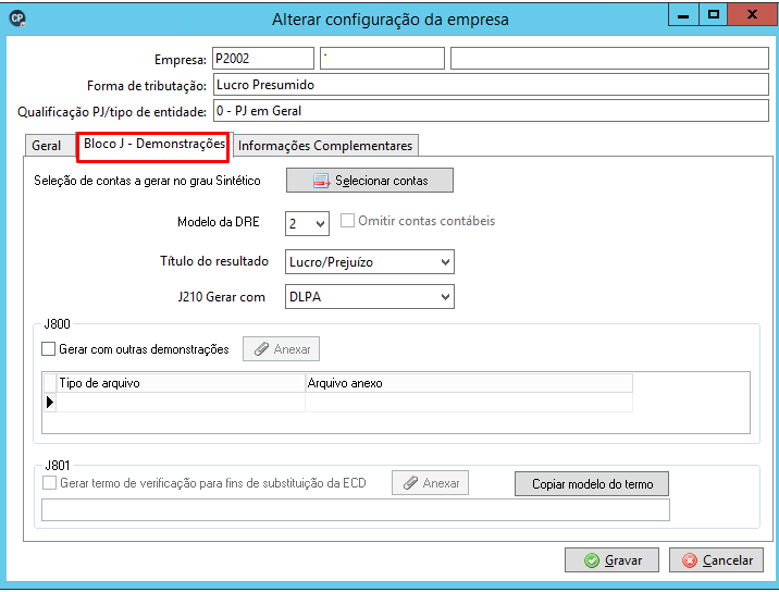 Captura da tela Alterar configuração da empresa, exibindo a aba 'Bloco J - Demonstrações' selecionada, com campos para seleção do Modelo da DRE, Título do resultado e configurações para o J210 e J800.