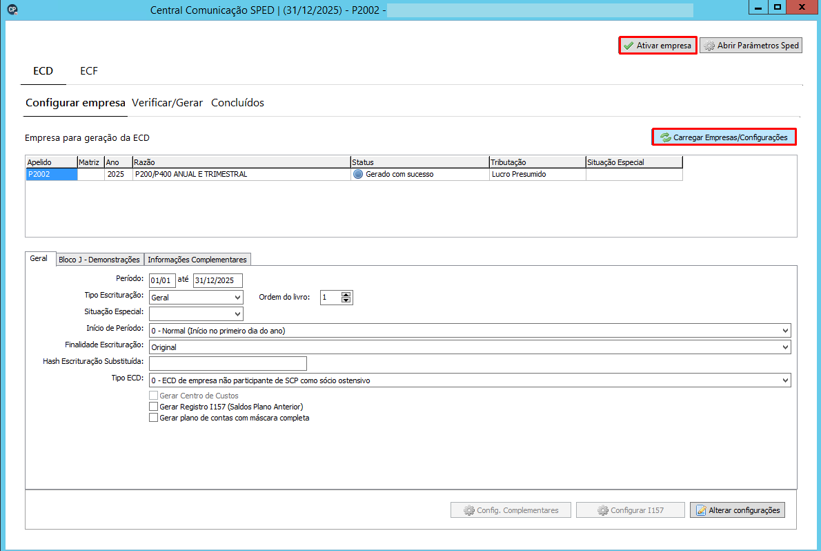 Captura de tela da janela 'Central comunicação SPED' no sistema Contábil, aba 'ECD', destacando os filtros de Ano calendário e Exibir empresas, o botão 'Carregar empresas/configurações' e a seção de filtros laterais.