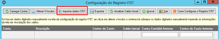 Janela Configuração do Registro I157 evidenciando o botão "Importar dados I157" na barra de ferramentas superior.
