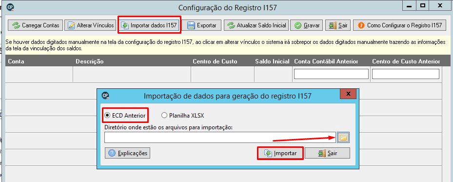 Tela de importação para I157. Opção "ECD Anterior" selecionada, campo para diretório do arquivo e botão Importar em destaque.