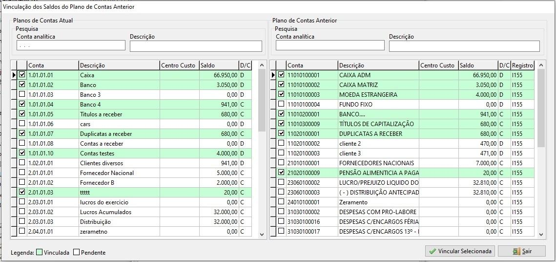 Interface de vinculação de saldos comparando o Plano de Contas Atual com o Anterior, com contas selecionadas para vínculo.