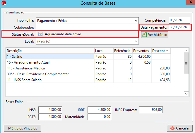 Consulta de Bases com competência 03/2026, status eSocial "Aguardando data envio" e data de pagamento em 30/03/2026.