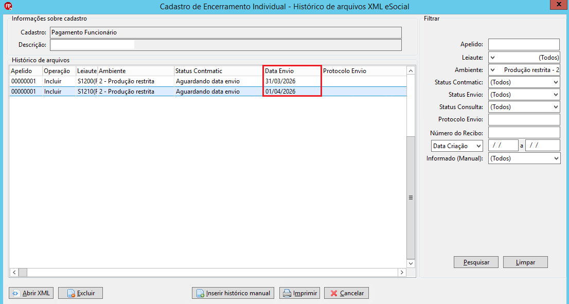 Histórico de arquivos XML eSocial mostrando eventos S1200 e S1210 com datas de envio previstas para 31/03/2026 e 01/04/2026.