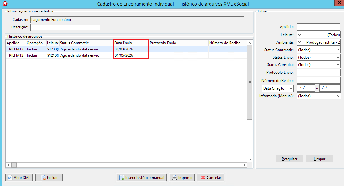Histórico de XML para o apelido TRILHA13, listando eventos S1200 e S1210 com status "Aguardando data envio" em março e maio de 2026.