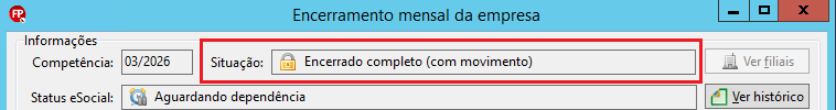 Cabeçalho da tela de encerramento exibindo a situação "Encerrado completo (com movimento)" para a competência 03/2026.