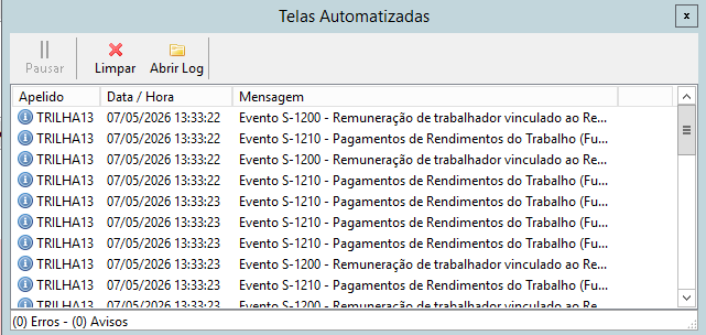 Tela de automação exibindo log de processamento dos eventos S-1200 e S-1210 para o apelido TRILHA13 em 07/05/2026.