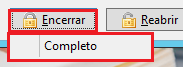 Detalhe dos botões de ação do sistema mostrando a função "Encerrar" selecionada e a indicação de status "Completo".