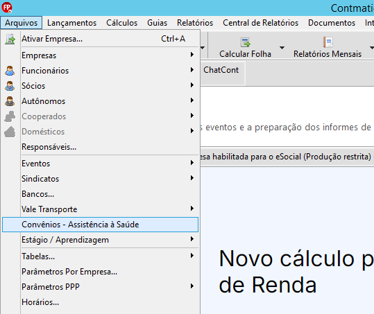 Menu suspenso "Arquivos" do software Folha, com a opção "Convênios - Assistência à Saúde" selecionada em destaque azul.