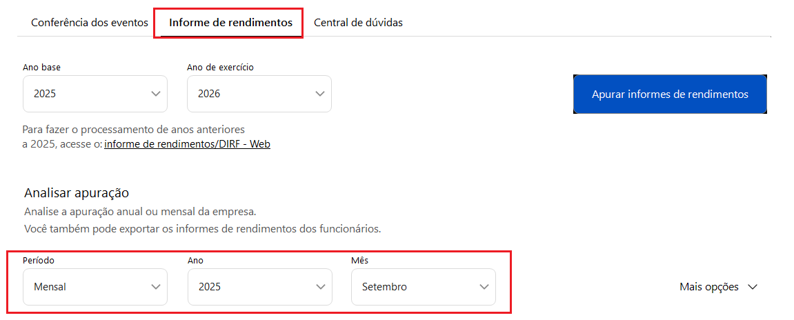 Interface do Informe de Rendimentos configurada para consulta mensal do ano-base 2025, especificamente o mês de setembro.