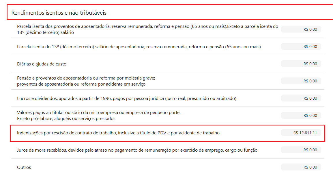 Seção de "Rendimentos isentos e não tributáveis" do informe, com o valor de R$ 12.611,11 destacado no campo de indenizações por rescisão.