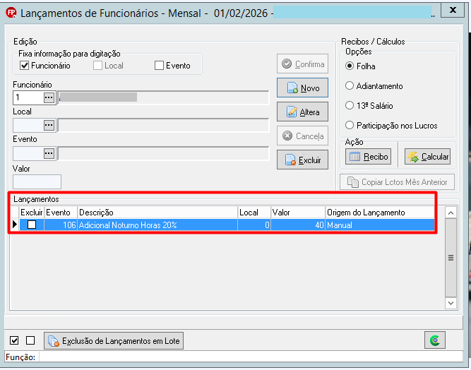 Tela de software contábil mostrando o lançamento manual do evento 106 (Adicional Noturno Horas 20%) com valor de 40 para o funcionário