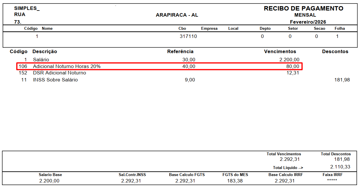 Recibo de pagamento do funcionário 1, destacando o cálculo de 80,00 reais para 40 horas de Adicional Noturno e reflexo no DSR.