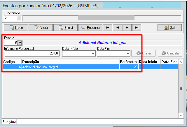 Tela de configuração de eventos por funcionário, exibindo o Adicional Noturno Integral (código 6) com percentual fixo de 20.00%.