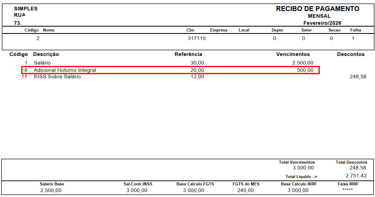 Recibo de pagamento do funcionário 2, destacando o Adicional Noturno Integral de 500,00 reais, calculado sobre o salário base de 2.500,00.