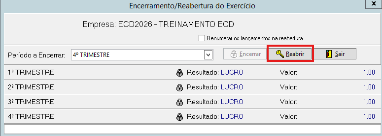 Tela do sistema Contábil Phoenix que indica os períodos para abertura e seleção.