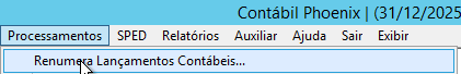 Tela do sistema Contábil Phoenix que indica no menu  o item processamento para renumerar os lançamentos contábeis.