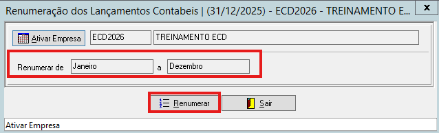 Tela do sistema Contábil Phoenix que indica os campos para renumerar os lançamentos contábeis.