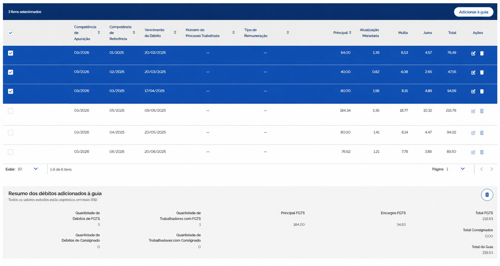 Tela do Portal do FGTS Digital para seleção de débitos por processo trabalhista.