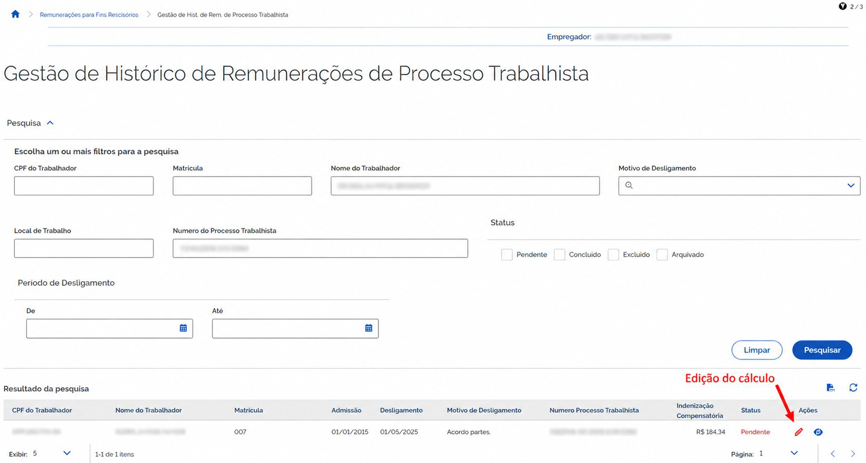 Tela do Portal do FGTS Digital - Gestão de Histórico de Remunerações de Processo Trabalhista.