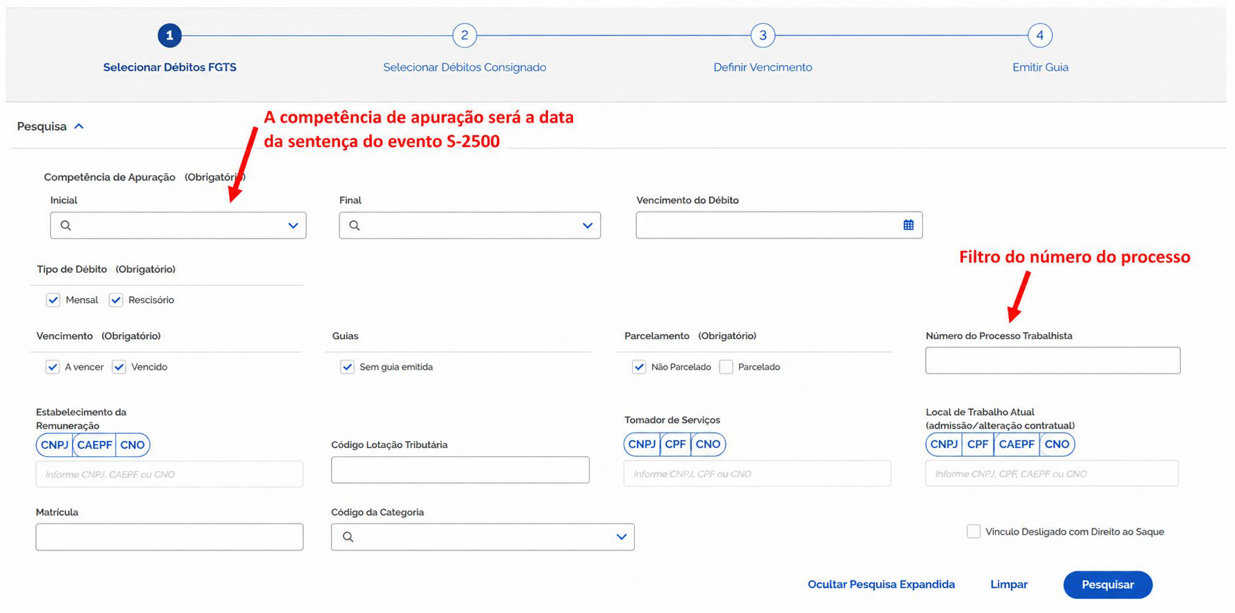 Tela do Portal do FGTS Digital referente à Guia Parametrizada com filtro pelo número do processo.