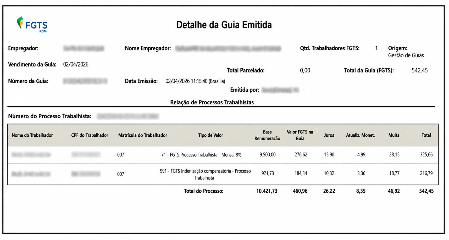 Tela do Portal do FGTS Digital que detalha a Guia emitida com relação aos processos trabalhistas.