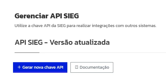 Modal de configuração da SIEG com os campos para inserir o e-mail e a chave de API (API Key).
