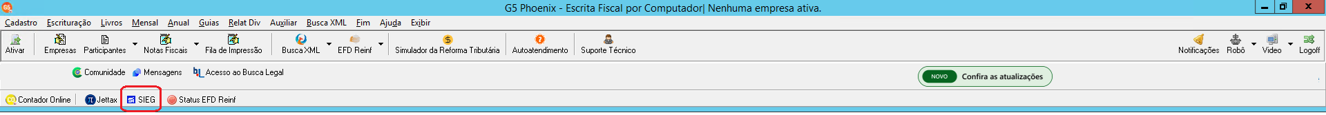 Menu superior do sistema G5 destacando o botão azul SIEG na barra de ferramentas inferior.