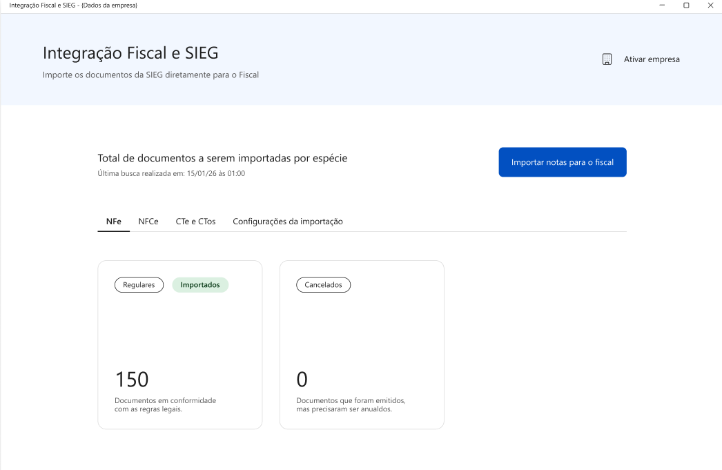 Tela de Integração Fiscal e SIEG exibindo o total de 150 documentos NFe regulares para importar.