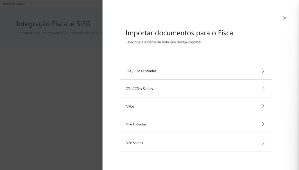 Menu lateral aberto para importar documentos para o Fiscal, listando opções como CTe, NFCe e NFe.