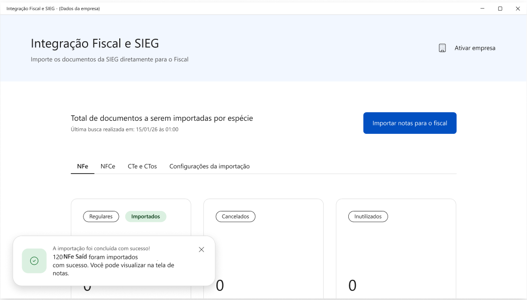 Notificação no canto inferior informando que 120 NFe Saídas foram importadas com sucesso no sistema.