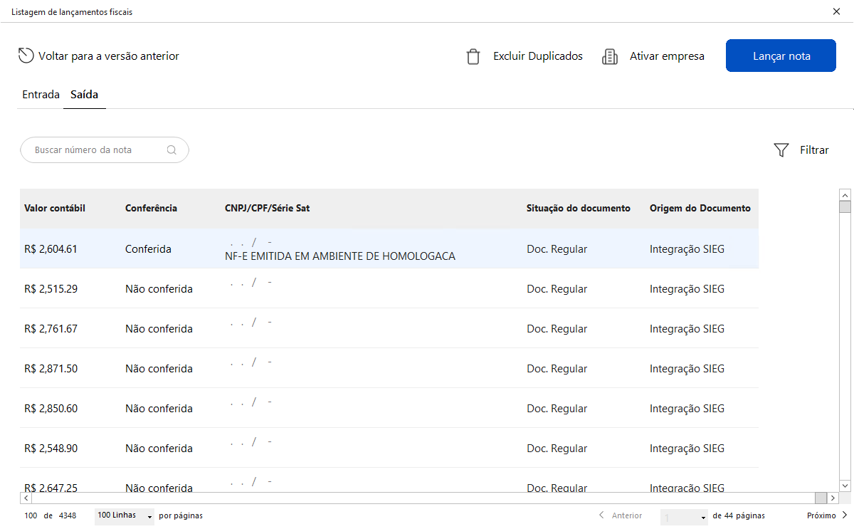 Tabela com a listagem de lançamentos fiscais de saída importados via Integração SIEG.