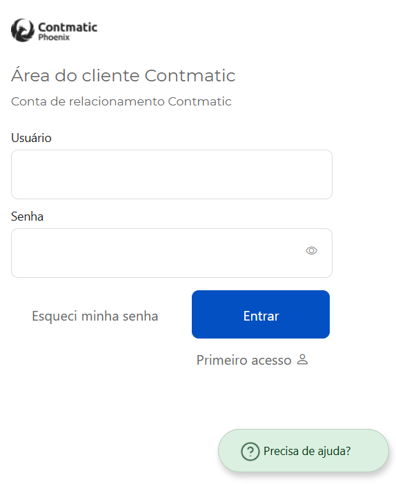 Tela de login da Área do cliente Contmatic com campos para usuário, senha e botão entrar.