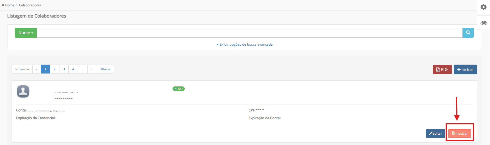 Listagem de colaboradores com seta vermelha indicando o botão "Inativar" no canto inferior direito do cadastro.