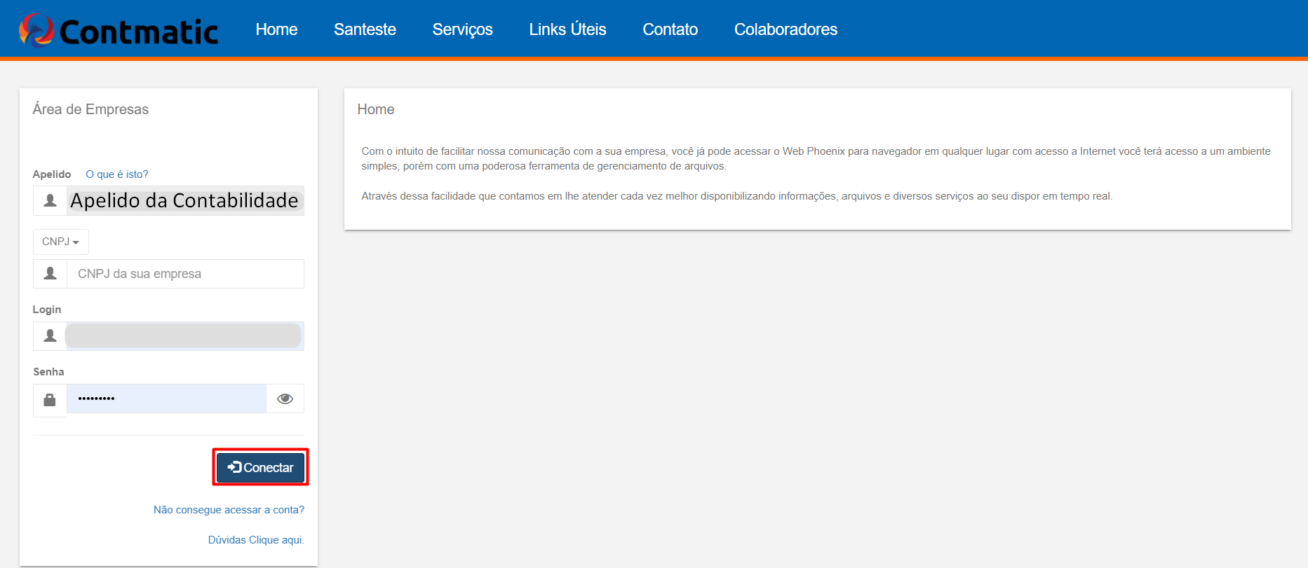 Tela de login da Área de Empresas do sistema Contmatic com destaque vermelho no botão "Conectar".
