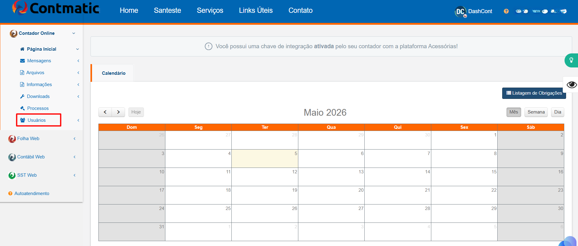 Menu lateral esquerdo do sistema Contador Online destacando em vermelho a opção "Usuários".