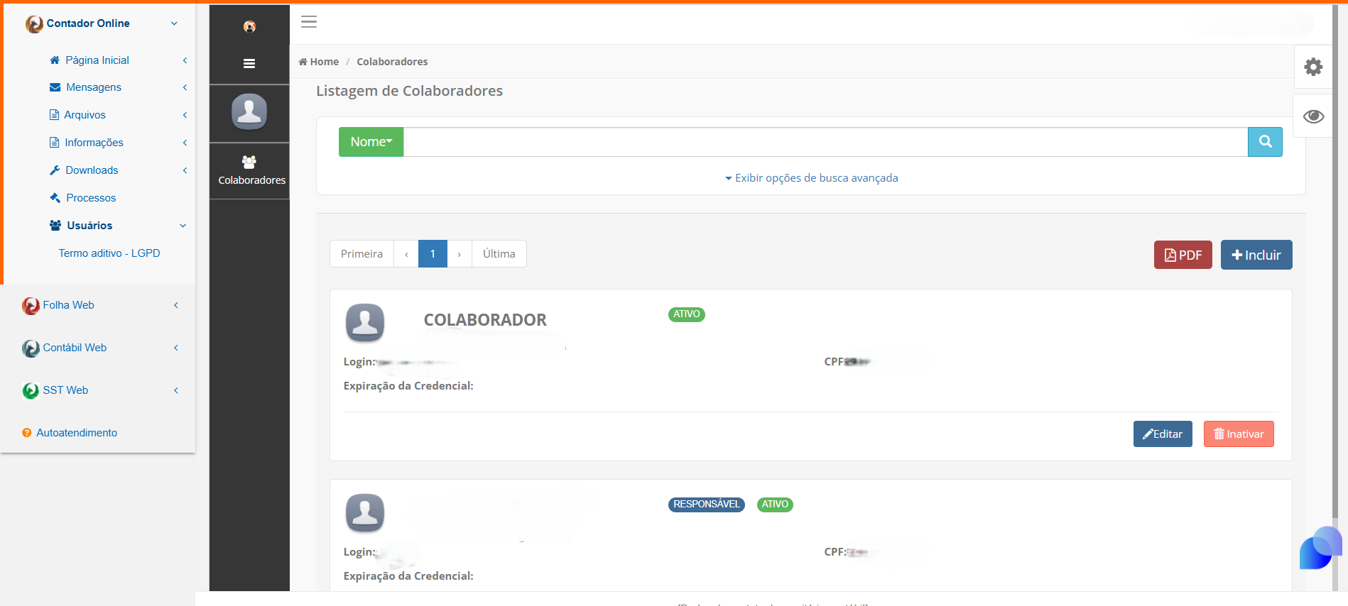Tela de Listagem de Colaboradores exibindo os usuários ativos cadastrados no sistema.
