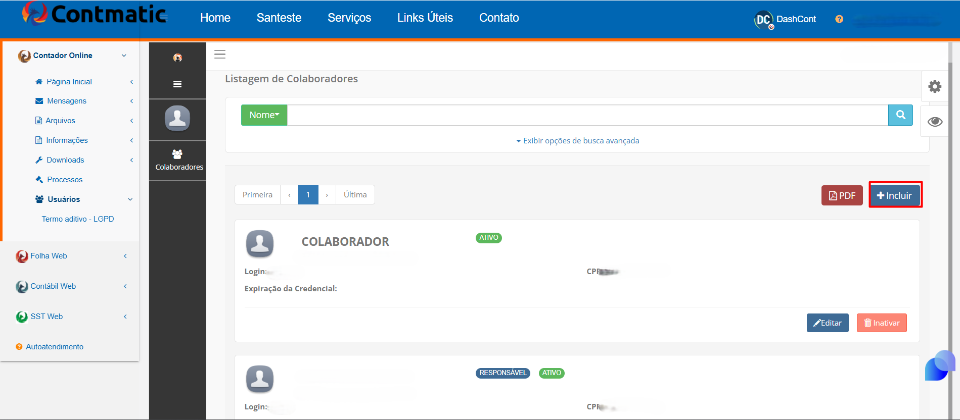 Tela de Listagem de Colaboradores com destaque em vermelho no botão "+ Incluir" localizado à direita.