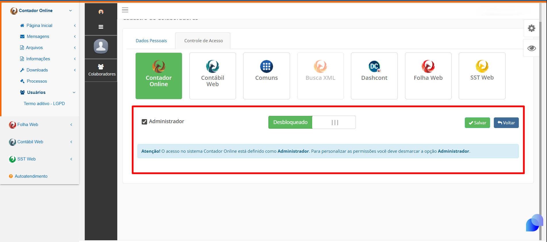 Destaque em vermelho nas opções de perfil de "Administrador" e aviso sobre a definição de acessos no sistema.