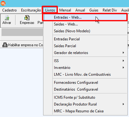 No menu superior, a aba "Livros" está selecionada, destacando a opção "Entradas - Web...".