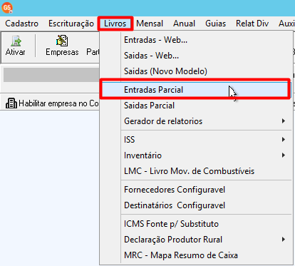 Menu "Livros" aberto no sistema, com o cursor posicionado e destacando a opção "Entradas Parcial".