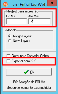Janela "Livro Entradas-Web" com intervalo de meses de 1 a 12 e a opção "Exportar para XLS" em destaque.