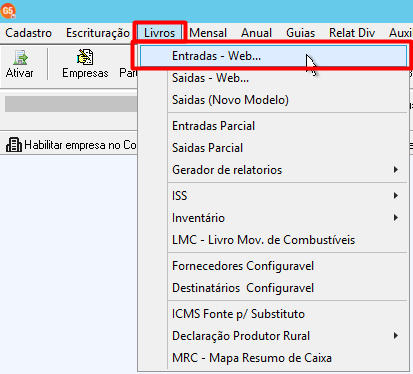 Repetição da tela de menu, com foco na seleção de "Livros" e depois "Entradas - Web...".