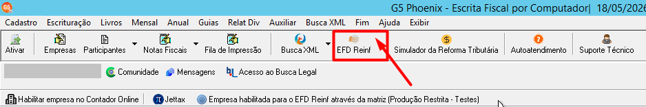 Barra de ferramentas do G5 Phoenix com destaque para o ícone de atalho da "EFD Reinf".