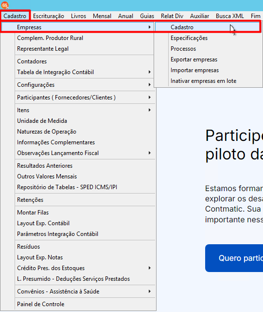 Menu Cadastro > Empresas > Cadastro selecionado no sistema G5.