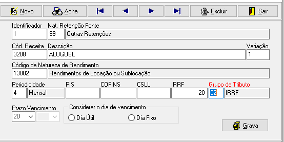 Configuração de Impostos Retidos com Código de Receita 3208 e Natureza de Rendimento 13002 (Aluguel).