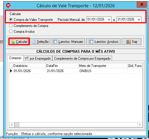 Janela de cálculo de vale-transporte com a opção "Compra de Vales Transporte" selecionada para o período de janeiro de 2026.