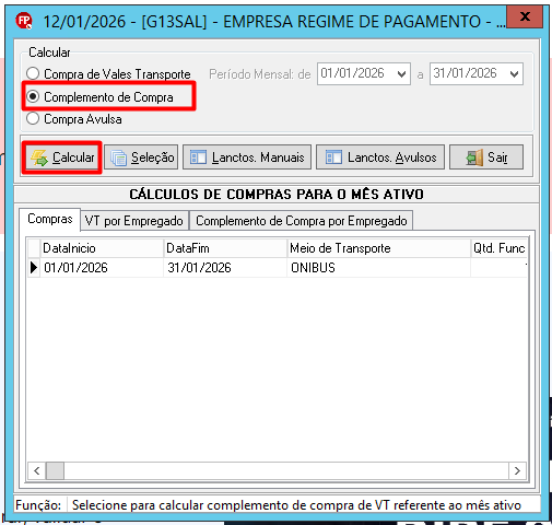 Interface de cálculo com a opção "Complemento de Compra" destacada em vermelho e botão "Calcular" pronto para ser acionado.