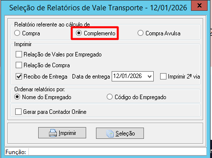 Tela de seleção de relatórios com a opção "Complemento" e "Recibo de Entrega" marcadas para emissão em 12/01/2026.